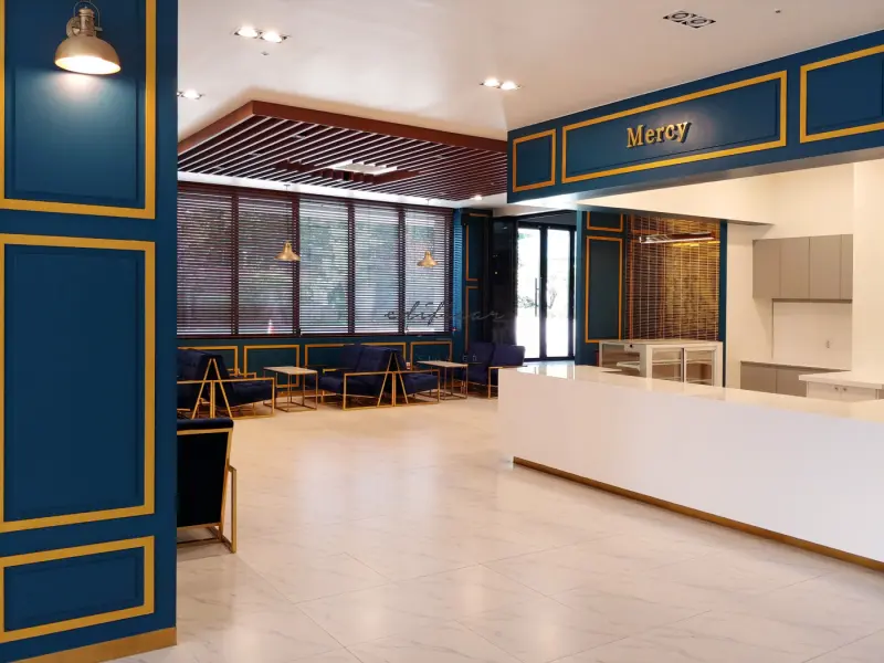 카페 감성 교회 라운지, 우드와 블루의 따뜻한 조화